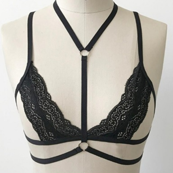 Sexy Black Lace Strappy Cage Bra Harness Bralette - Picture 2 of 3